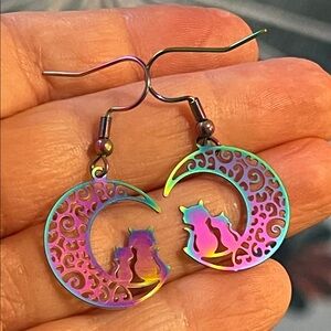 Iridescent Niobium Style Cats on Crescent Moon Lightweight Dangle Earrings